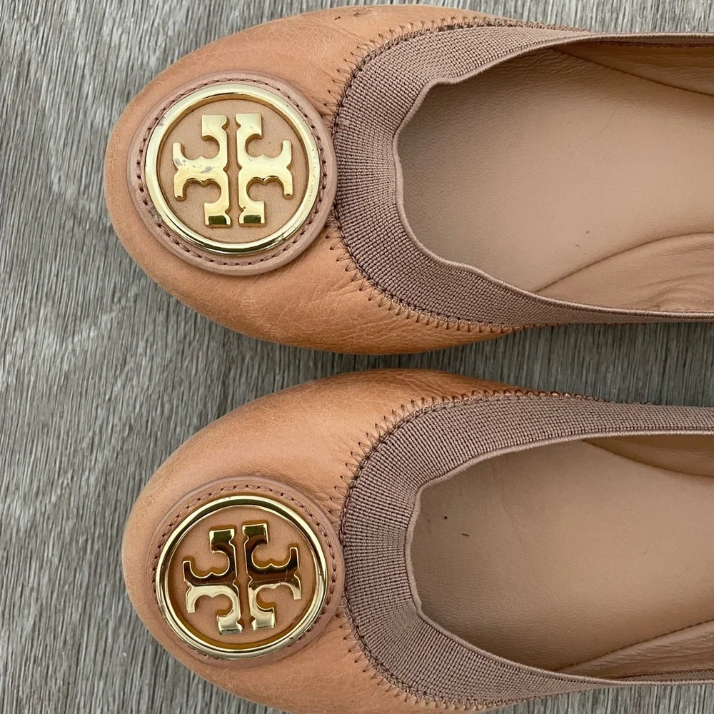 Tory Burch Brown Leather Flats with Gold Logo